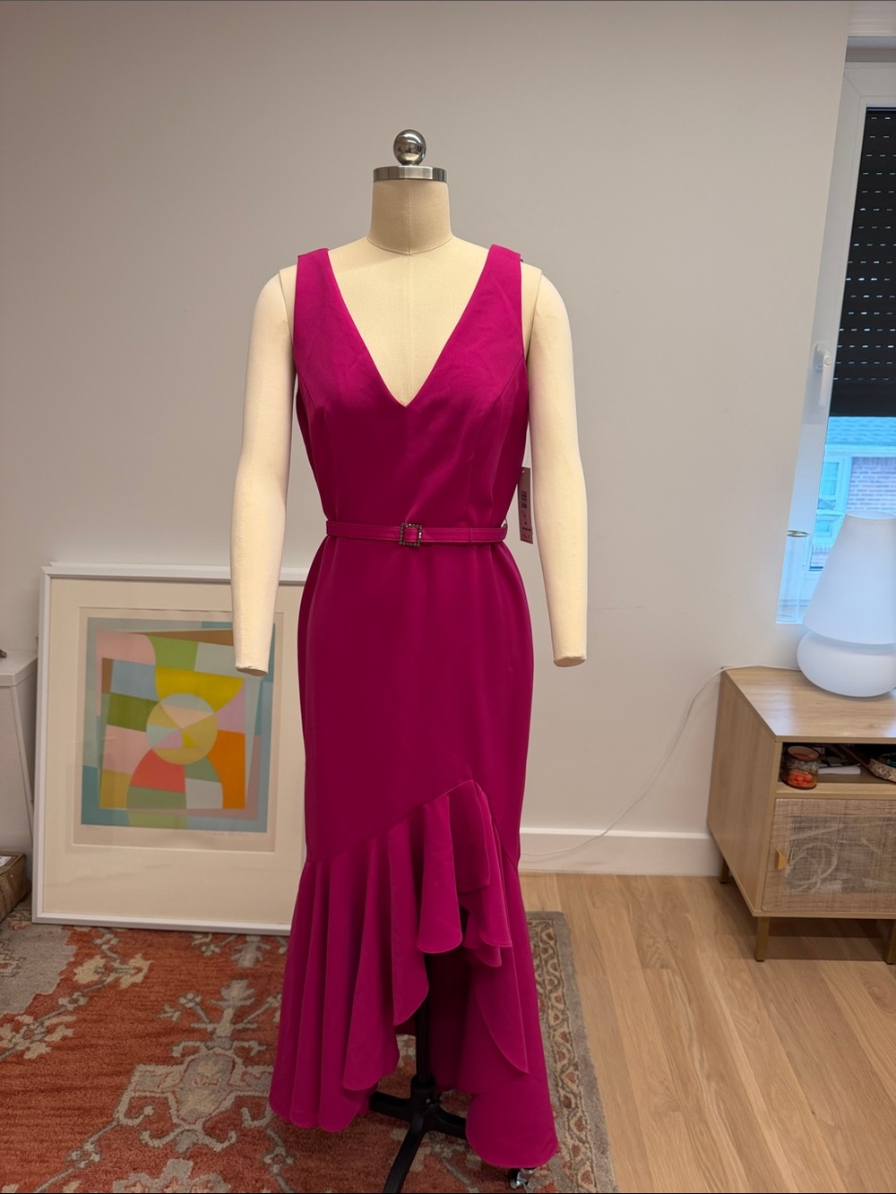 Eliza J Deep Fuchsia V-Neck High-Low Ruffle Gown